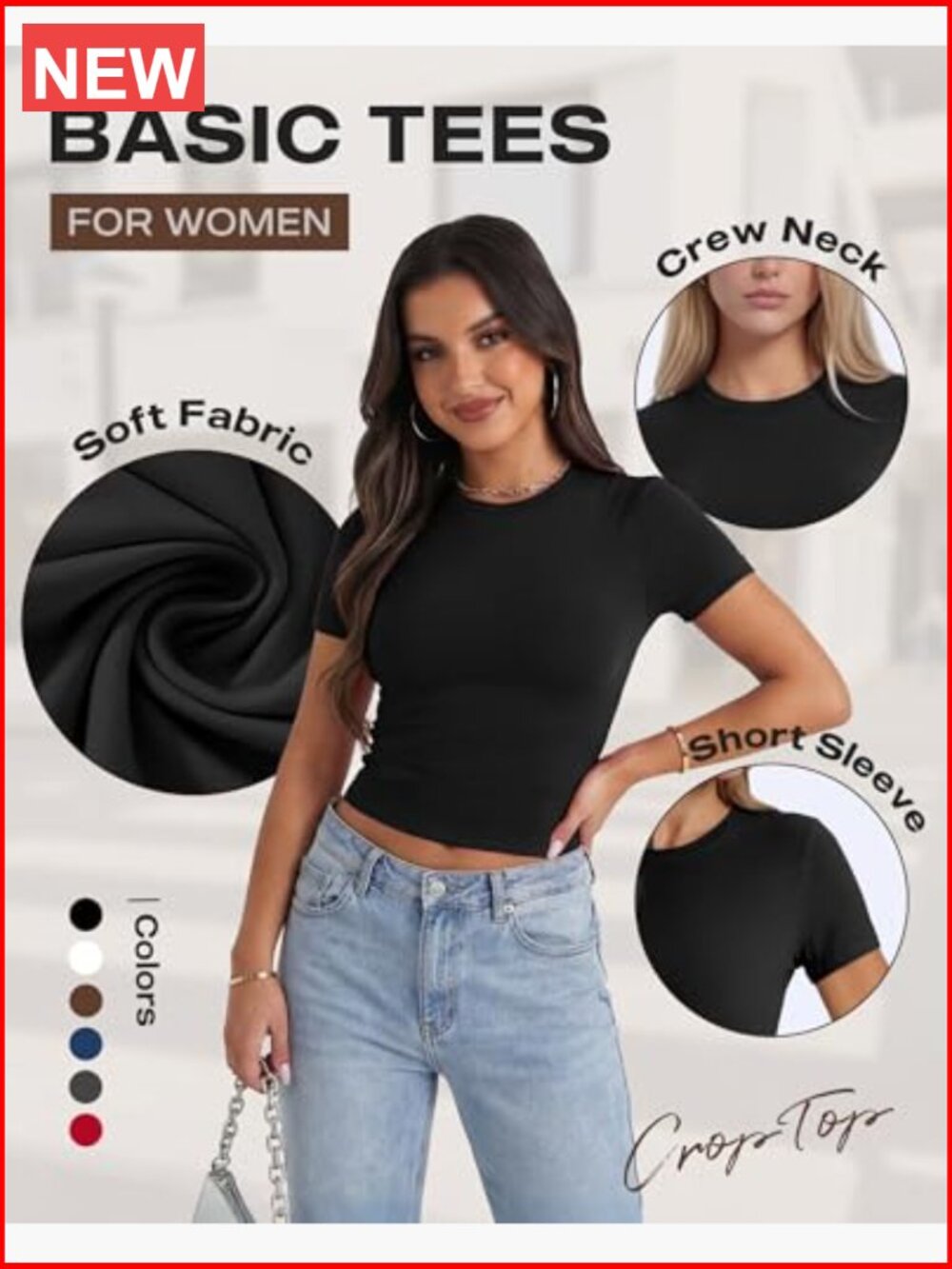 Slim Fit Crop Top Crew Neck Short Sleeve T-Shirt - Picture 2 of 7